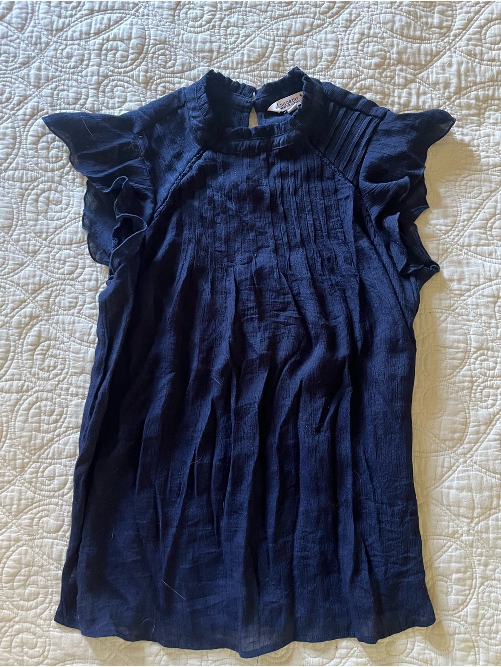 Women's Navy Ruffle Sleeve Pintuck top